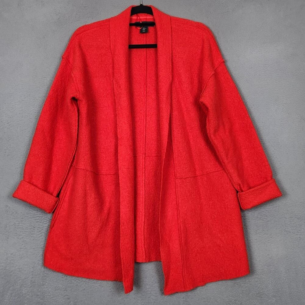 Tahari Coatigan Jacket Womens Medium Red Wool Blend Knit Open Front Long